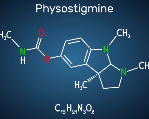 Physostigmine, eserine, C15H21N3O2 molecule. It is cholinesterase inhibitor, toxic parasympathomimetic indole alkaloid. Structural chemical formula on the dark blue background Physostigmine